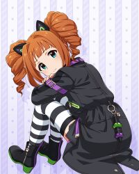  1girl animal_ears arm_belt belt black_boots black_coat blue_eyes boots card_commentary cat_ears closed_mouth coat commentary_request drill_hair fake_animal_ears from_behind full_body game_asset hair_intakes idolmaster idolmaster_(classic) idolmaster_million_live! idolmaster_million_live!_theater_days looking_at_viewer looking_back official_alternate_costume official_art orange_hair purple_belt sitting solo street_cats_(idolmaster) striped_clothes striped_thighhighs takatsuki_yayoi thigh-highs third-party_source turning_head twin_drills 