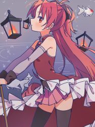  1girl absurdres air_bubble animal black_bow blush bow breasts bubble coat collared_dress commentary_request cowboy_shot detached_sleeves dress fish from_side grey_sleeves hair_bow highres lamp long_hair looking_at_viewer magical_girl mahou_shoujo_madoka_magica mahou_shoujo_madoka_magica_(anime) ponytail red_eyes red_hair ruru_(rurumagi) sakura_kyoko sakura_kyoko_(magical_girl) sleeveless sleeveless_dress small_breasts solo soul_gem standing watermark 