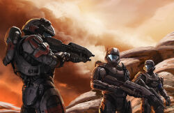  3boys aiming armor assault_rifle assault_visor battle_rifle betrayal blue_assault_visor br55 bullpup combat_knife edward_buck english_commentary gun halo_(series) halo_mythos helmet holding holding_gun holding_weapon isaac_hannaford knife kojo_"romeo"_agu looking_at_another ma5 michael_"mickey"_crespo multiple_boys odst official_art power_armor rifle science_fiction spartan_(halo) spoilers weapon 
