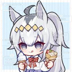  1girl :q ahoge animal_ears blue_eyes bow bowtie chibi chibi_only collared_shirt crepe food grey_hair hair_ornament highres holding holding_food holding_ice_cream horse_ears horse_girl ice_cream long_hair long_sleeves oguri_cap_(umamusume) red_bow red_bowtie shirt solo tongue tongue_out too_many_watermarks umamusume watermark white_shirt xiansen_nin_de_doufu 