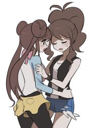 2girls black_eyes black_pantyhose black_vest blue_shorts brown_hair closed_eyes commentary_request ddakji_0025 double_bun exposed_pocket eyelashes hair_bun highres hilda_(pokemon) korean_commentary long_hair looking_at_another multiple_girls open_clothes open_mouth open_vest pantyhose pokemon pokemon_black_2_and_white_2 pokemon_black_and_white raglan_sleeves rosa_(pokemon) shirt short_shorts shorts sidelocks sleeveless sleeveless_shirt sweatdrop twintails vest white_shirt yellow_shorts 
