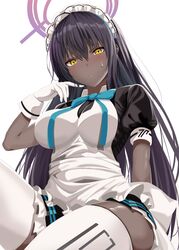  1girl absurdres ahoge apron bangs black_hair blue_archive blue_bow bow bowtie breasts closed_mouth dark_skin dark-skinned_female dress eyebrows_visible_through_hair gloves hair_between_eyes halo haruto_(nyannzou789) highres karin_(blue_archive) large_breasts long_hair looking_at_viewer maid maid_headdress pantyhose petticoat pleated_dress puffy_short_sleeves puffy_sleeves short_dress short_sleeves simple_background sitting solo sweatdrop thigh-highs thighs very_long_hair white_background white_gloves white_legwear yellow_eyes zettai_ryouiki 