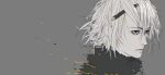  1boy commentary d.k eyebrows_visible_through_hair fur_collar grey_background hairband looking_to_the_side messy_hair nier nier_(series) nier_(young) portrait solo white_hair 