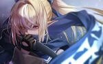  1girl black_gloves blonde_hair bow close-up commentary_request covered_mouth dark_skin dark-skinned_female fenrir_(fenlil0316) floating_hair gloves hair_bow half_gloves highres holding holding_knife holding_weapon hololive knife long_hair multicolored_hair multiple_sources partially_fingerless_gloves pointy_ears ponytail red_eyes scarf scarf_over_mouth shiranui_flare streaked_hair two-tone_hair virtual_youtuber weapon white_hair 