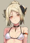  1girl alternate_costume arknights arm_belt bangs bare_shoulders bikini black_choker blonde_hair breasts bright_pupils brown_background choker closed_mouth collarbone curled_horns expressionless gradient_hair hair_bun horns idashige_(walkietalkie) ifrit_(arknights) looking_at_viewer multicolored_hair orange_eyes oripathy_lesion_(arknights) parted_bangs rhine_lab_logo simple_background small_breasts solo string_bikini swimsuit tied_hair upper_body white_bikini 