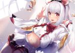  1girl absurdres animal_ears bangs blush breasts fake_animal_ears granblue_fantasy highres long_sleeves looking_at_viewer midriff mouse_ears navel nohohon_neko open_mouth red_eyes shirt short_hair skirt small_breasts smile thighs vikala_(granblue_fantasy) white_hair white_shirt white_skirt wide_sleeves 