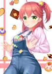  1girl 7fuji_06 bell candy candy_cane cookie denim food food_in_mouth food_request green_eyes hair_bell hair_between_eyes hair_ornament highres hololive lollipop long_sleeves looking_at_viewer medium_hair overalls pink_hair pink_shirt sakura_miko shirt side_ponytail solo virtual_youtuber 