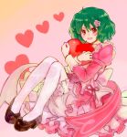  1girl ahoge bloomers dress flower frills green_hair hair_flower hair_ornament kimidori_(kimidoriri) macross macross_frontier object_hug open_mouth pink_dress pink_flower ranka_lee red_eyes short_hair smile solo underwear 