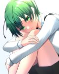  1girl antennae bangs black_shorts blush cape closed_mouth collared_shirt commentary eyebrows_visible_through_hair eyes_visible_through_hair feet_out_of_frame green_eyes green_hair head_rest highres katsuobushi_(eba_games) leg_hug looking_at_viewer red_cape shiny shiny_hair shirt short_hair shorts simple_background solo standing touhou white_background white_shirt wriggle_nightbug 