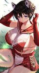  1girl :o absurdres adjusting_hair animal_ears armpits arms_up bangs bare_thighs big_bad_wolf_(grimm) black_hair blue_archive blurry blurry_background blurry_foreground blush breasts collarbone commentary elbow_gloves falling_leaves gloves grass hair_between_eyes highres huge_breasts leaf looking_at_viewer midriff miniskirt no_bra no_panties open_mouth pelvic_curtain pixie_cut pleated_skirt red_gloves red_sailor_collar red_skirt sailor_collar short_hair sideboob sidelocks sitting skirt solo striped striped_skirt t_bone_(06tbone) tassel thick_thighs thighs tsubaki_(blue_archive) wolf_ears 