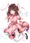 1girl :d animal_ears bangs black_footwear blush brown_eyes brown_hair bunny_pose bunny_tail carrot_necklace dress eyebrows_visible_through_hair floral_background full_body hair_between_eyes hands_up highres inaba_tewi looking_at_viewer medium_hair nanase_nao open_mouth pink_dress puffy_short_sleeves puffy_sleeves rabbit_ears rabbit_girl ribbon-trimmed_dress shoes short_sleeves smile solo tail thigh-highs touhou white_legwear 