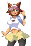  1girl :d absurdres animal_ears animal_nose bangs blue_eyes blush brown_hair commission cosplay dog_ears dog_girl fangs hair_between_eyes highres holding holding_poke_ball kobold legwear_under_shorts monster_musume_no_iru_nichijou navel open_mouth pantyhose poke_ball poke_ball_(basic) pokemon pokemon_(game) pokemon_bw2 polt rosa_(pokemon) rosa_(pokemon)_(cosplay) short_hair shorts smile solo tongue visor_cap yellow_shorts zanatemx 