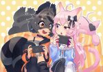  2girls :3 :d ahoge animal_ear_legwear animal_ears asymmetrical_legwear bandaid bandaid_on_knee bare_shoulders birthday black_bow black_choker black_eyepatch black_legwear black_skirt blue_hoodie bow cat_ear_legwear cat_ears cat_girl cat_hair_ornament choker collarbone commentary commission commissioner_upload controller cross_hair_ornament english_commentary eye_mask eyebrows_visible_through_hair eyepatch feet_out_of_frame game_controller ghost_tail grey_hair grey_shirt hair_between_eyes hair_bow hair_ornament heart heart_eyepatch highres holding holding_controller holding_game_controller hood hoodie indie_virtual_youtuber kneehighs light_blush logo_parody long_hair looking_at_screen mascot mixed-language_commentary multicolored_hair multiple_girls nintendo_switch nyatasha_nyanners off-shoulder_shirt off_shoulder oozaki_nando open_mouth orange_hoodie peeking pink_hair pleated_skirt polka_dot polka_dot_background raccoon_ears raccoon_girl raccoon_tail raised_eyebrow shirt short_hair shoulder-to-shoulder single_kneehigh single_thighhigh sitting skeb_commission skirt skull_print smile snuffy_(vtuber) sparkle streaked_hair striped_tail sweatdrop tail teeth thick_eyebrows thigh-highs two-tone_background two-tone_hoodie unzipped violet_eyes virtual_youtuber vshojo white_background white_legwear yellow_background zipper zipper_pull_tab 