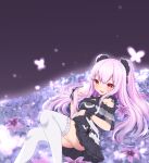  1girl :d absurdres bare_shoulders black_dress blush bug butterfly dress fang flower flower_bed garter_straps highres hololive huge_filesize insect klaius looking_at_viewer lying official_alternate_costume on_back open_mouth pink_butterfly pink_hair purple_flower red_eyes skin_fang smile solo thigh-highs twintails uruha_rushia virtual_youtuber white_legwear wristband 