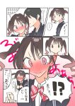  1boy 1girl absurdres black_hair blush brown_eyes brown_hair commentary embarrassed gradient_hair highres multicolored_hair omikuji original rinku_(rin9) school_uniform short_hair translated twintails two-tone_hair whispering 