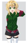  1girl absurdres akatsuki_kirika blonde_hair blush border breasts eyebrows_visible_through_hair green_eyes green_jacket grey_background hair_ornament highres inai_uchi jacket looking_at_viewer medium_breasts open_mouth senki_zesshou_symphogear shiny shiny_hair short_hair simple_background smile solo standing teeth thigh-highs upper_teeth v white_border white_legwear x_hair_ornament 