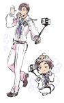  1boy 3: animal_on_head axis_powers_hetalia brown_hair cellphone chibi dark_skin flower himaruya_hidekazu official_art on_head one_eye_closed pants philippines_(hetalia) phone sailor_collar scarf selfie_stick shirt smile tarsier white_background white_pants white_shirt 