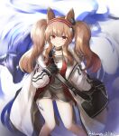  1girl absurdres angelina_(arknights) animal_ears arknights bag black_gloves brown_hair closed_mouth coat dated feet_out_of_frame gloves grey_choker grey_shirt grey_shorts hairband highres klaius long_hair long_sleeves looking_at_viewer open_clothes open_coat red_eyes shirt shorts shoulder_bag smile solo twintails twitter_username white_coat 