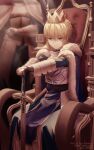  1girl 1other ahoge armor artist_name artoria_pendragon_(all) bangs blonde_hair blurry blurry_background braid breastplate cape closed_mouth commentary_request crown excalibur_(fate/stay_night) eyebrows_visible_through_hair fate/stay_night fate_(series) frown fur_trim gauntlets green_eyes hands_on_hilt hands_up highres holding holding_weapon looking_at_viewer outstretched_arms pixiv_id rimuu saber short_hair sitting solo_focus standing sword throne twitter_username weapon 