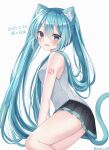  1girl absurdres animal_ear_fluff animal_ears aqua_eyes aqua_hair bare_shoulders blush breasts cat_day cat_ears cat_tail cowboy_shot dot_nose eyebrows_visible_through_hair eyelashes from_side hair_between_eyes hatsune_miku highres long_hair looking_at_viewer miniskirt noneon319 number_tattoo open_mouth paw_print pleated_skirt shiny shiny_skin shirt sidelocks simple_background sitting skirt sleeveless small_breasts smile solo tail tattoo thighs twintails twitter_username two-tone_skirt vocaloid white_background 