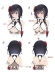  1girl :i ^^^ arrow_(symbol) bangs black_hair blue_eyes blush bow braid breasts closed_mouth cropped_torso eyebrows_visible_through_hair flower flying_sweatdrops grey_leotard hair_bow hair_flower hair_ornament hair_over_shoulder highres k.t.cube leotard long_hair medium_breasts multicolored_hair multiple_views nose_blush open_mouth original pout red_bow red_flower redhead simple_background single_braid streaked_hair trembling under_boob upper_body wavy_mouth white_background wifi_symbol 