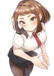  1girl blush boku_no_hero_academia breasts brown_eyes brown_hair closed_eyes large_breasts necktie pantyhose school_uniform short_hair short_sleeves sidelocks simple_background skirt solo u.a._school_uniform uraraka_ochako zd_(pixiv6210083) 