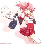  1girl bag bread breasts chauke contrapposto creature dot_nose eyebrows_visible_through_hair feet_out_of_frame food food_in_mouth hair_ribbon hand_to_own_mouth hand_up holding holding_bag holding_food kamihama_university_affiliated_school_uniform kaname_madoka kyubey light_blush light_smile long_sleeves looking_at_viewer mahou_shoujo_madoka_magica mouth_hold neck_ribbon pink_eyes pink_hair plaid plaid_skirt pleated_skirt red_sailor_collar red_skirt ribbon sailor_collar school_bag school_uniform shiny shiny_hair short_over_long_sleeves short_sleeves simple_background skirt small_breasts solo tareme thigh-highs toast toast_in_mouth twintails uniform white_background white_legwear zettai_ryouiki 