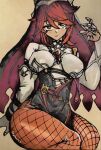  1girl bags_under_eyes bangs bare_shoulders breasts brown_eyes claw_pose claw_ring closed_mouth covered_nipples detached_sleeves dress fishnets genshin_impact nun purple_headwear redhead rosaria_(genshin_impact) skin_tight thick_thighs thighs 