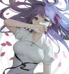  1girl breasts covering_mouth dress fate/stay_night fate_(series) hair_ribbon hand_over_own_mouth heaven&#039;s_feel heleif highres long_hair lying matou_sakura medium_breasts on_back purple_hair red_ribbon ribbon short_sleeves solo upper_body violet_eyes white_dress 