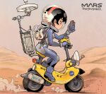  1girl black_eyes black_hair breasts dust from_side ground_vehicle holding holding_phone kiichi medium_breasts moped motor_vehicle mountain nasa perseverance_(rover) personification phone real_life science_fiction solo space_helmet spacesuit 