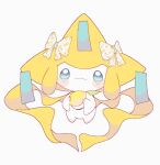  blush_stickers bow closed_mouth food fruit full_body gen_3_pokemon green_eyes holding jirachi lemon looking_at_viewer mythical_pokemon no_humans pokemon pokemon_(creature) print_bow remon_(920moomin) simple_background smile solo symbol_commentary white_background 