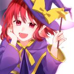  1girl artist_name bangs bow cape dress earrings eyebrows_visible_through_hair hair_between_eyes hand_on_own_face hands_up hat hat_bow heart heart_eyes highres jewelry jill_07km kirisame_marisa kirisame_marisa_(pc-98) long_sleeves looking_at_viewer open_mouth purple_cape purple_dress purple_headwear purple_sleeves red_eyes redhead short_hair simple_background smile solo star_(symbol) touhou touhou_(pc-98) white_background witch_hat yellow_bow 