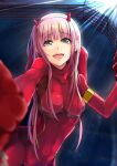  1girl :d armlet bangs blunt_bangs blurry blurry_foreground bodysuit breasts breasts_apart covered_navel darling_in_the_franxx eyebrows_visible_through_hair green_eyes hairband highres horns k3rd long_hair looking_at_viewer medium_breasts open_mouth pink_hair pov reaching_out red_bodysuit shiny shiny_hair smile solo very_long_hair white_hairband zero_two_(darling_in_the_franxx) 