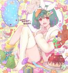  1girl ahoge ai-kun blush braid cake crown_braid fang food garter_straps green_hair hair_ornament hairclip happy_birthday kimidori_(kimidoriri) macross macross_frontier mail multicolored_hair oosanshouuo-san purple_hair ranka_lee red_eyes short_hair single_thighhigh smile streaked_hair stuffed_animal stuffed_toy tea teddy_bear thigh-highs 