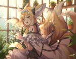  1girl animal_ears arknights dress flower fox_ears fox_girl fox_tail green_eyes hair_intakes hairband looking_at_viewer manjyufroth multiple_tails open_mouth short_hair smile suzuran_(arknights) tail white_dress 
