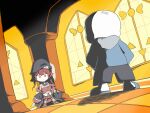 akainu_pony chibi covered_navel empty_eyes hat heterochromia highres holding holding_knife hololive hood hoodie houshou_marine knife off-shoulder_coat pillar pirate_hat red_eyes redhead sans shadow skirt slippers thigh-highs twintails undertale yellow_eyes 