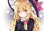  1girl bangs black_headwear black_jacket blonde_hair blush bow closed_mouth eyebrows_visible_through_hair hair_between_eyes hair_bow hat hat_bow jacket kirisame_marisa long_hair looking_at_viewer nanase_nao purple_bow smile solo starry_background touhou upper_body witch_hat yellow_eyes 