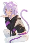  1girl absurdres ahoge animal_ears cat_ears cat_tail highres hololive joker_(tomakin524) nekomata_okayu pants purple_hair rice sitting tail tongue tongue_out violet_eyes white_background 