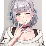  1girl blue_ribbon blush braid breasts french_braid green_eyes grin hair_ribbon hand_up highres hololive large_breasts nofakeuk off-shoulder_sweater off_shoulder one_eye_closed portrait ribbed_sweater ribbon shirogane_noel short_hair silver_hair smile solo sweater v white_sweater 