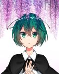  1girl antennae bangs black_cape cape collared_shirt commentary eyebrows_visible_through_hair eyes_visible_through_hair flower green_eyes green_hair hair_between_eyes highres katsuobushi_(eba_games) looking_at_viewer open_mouth own_hands_together pink_flower shirt short_hair solo touhou upper_body white_background white_shirt wisteria wriggle_nightbug 