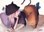  1girl all_fours animal_ears animal_hat bangs black_headwear boots cat_ears cat_hat cat_tail closed_mouth elbow_rest glasses green_eyes hand_on_own_cheek hand_on_own_face hat head_rest heterochromia high_heel_boots high_heels highres jewelry long_hair original pink_eyes pink_hair ring smile solo sooon tail top-down_bottom-up 
