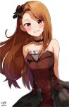  1girl bangs bare_shoulders blush bow breasts brown_hair collarbone dress eyebrows_visible_through_hair hair_bow hair_ornament highres idolmaster idolmaster_(classic) idolmaster_million_live! idolmaster_million_live!_theater_days jewelry long_hair looking_at_viewer minase_iori myeolchi necklace open_mouth red_eyes simple_background small_breasts smile solo strapless strapless_dress white_background 