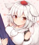  1girl animal_ears arm_grab breast_press breasts commentary_request detached_sleeves eyebrows_visible_through_hair hat inubashiri_momiji large_breasts red_eyes red_headwear rururiaru short_hair solo_focus tail tokin_hat touhou upper_body white_hair wolf_ears wolf_tail 