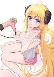  1girl bare_legs blonde_hair blush breasts eyebrows_visible_through_hair hair_dryer hand_up hololive horns long_hair looking_at_viewer medium_breasts open_mouth sheep_horns sheep_tail shirt short_shorts shorts simple_background sitting solo sweatdrop syhan tail tsunomaki_watame very_long_hair violet_eyes virtual_youtuber wariza white_background white_shirt 