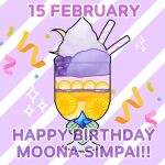  character_name crescent drinking_straw english_commentary happy_birthday hololive hololive_indonesia indonesian_commentary kureiji_ollie_(artist) mixed-language_commentary moona_hoshinova no_humans objectification parfait ribbon sparkle virtual_youtuber 
