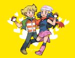  1boy 1girl barry_(pokemon) beanie blonde_hair blush boots brown_eyes commentary_request hikari_(pokemon) eye_contact eyelashes green_scarf hair_ornament hairclip hand_up hat heart holding holding_poke_ball hunnyamai long_hair looking_at_another open_mouth orange_scarf over-kneehighs pants pink_footwear pixel_art poke_ball poke_ball_(basic) pokemon pokemon_(game) pokemon_dppt scarf shoes signature smile teeth thigh-highs yellow_background 