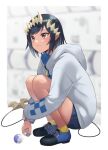  1girl 774_inc. bare_legs black_hair closed_mouth coin demon_girl demon_tail eyebrows_visible_through_hair full_body holding honey_strap hood hoodie pointy_ears shimamura_charlotte shoes short_hair shorts simple_background smile solo squatting tail te_ga_tsumetai virtual_youtuber yellow_eyes 