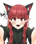  1girl :3 :d animal_ear_fluff animal_ears artist_name bangs black_bow blunt_bangs blush bow braid cat_day cat_ears commission dress english_text extra_ears eyebrows_visible_through_hair face fang foreshortening green_dress hair_bow hair_over_shoulder hair_ribbon highres kaenbyou_rin long_hair looking_at_viewer low_twintails nyaxxy open_mouth pointy_ears red_eyes redhead ribbon simple_background smile solo touhou tress_ribbon twin_braids twintails white_background 