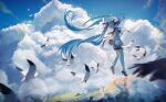  1girl arms_behind_back back_bow bare_legs bird black_footwear black_shorts blue_hair blue_sky blue_theme blurry blurry_background bokeh bow clouds cloudy_sky day depth_of_field dutch_angle facing_away floating_hair from_behind hair_ribbon hatsune_miku highres konya_karasu_kou light_particles long_hair outdoors red_bow red_ribbon reflection ribbon ripples seagull see-through see-through_shirt sekiranun_graffiti_(vocaloid) shiny shiny_hair shirt shoes short_sleeves shorts sky solo standing standing_on_liquid striped striped_ribbon twintails very_long_hair vocaloid water water_drop water_surface white_shirt wide_shot 