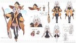  1girl animal animal_ears belt black_legwear broom cat character_sheet chinese_commentary chinese_text commentary_request cooking crying dark_skin dark-skinned_female ghost hat highres knife long_hair original robe silver_hair sleeveless tail thigh-highs translation_request twintails violet_eyes white_background witch witch_hat yellowpaint. 